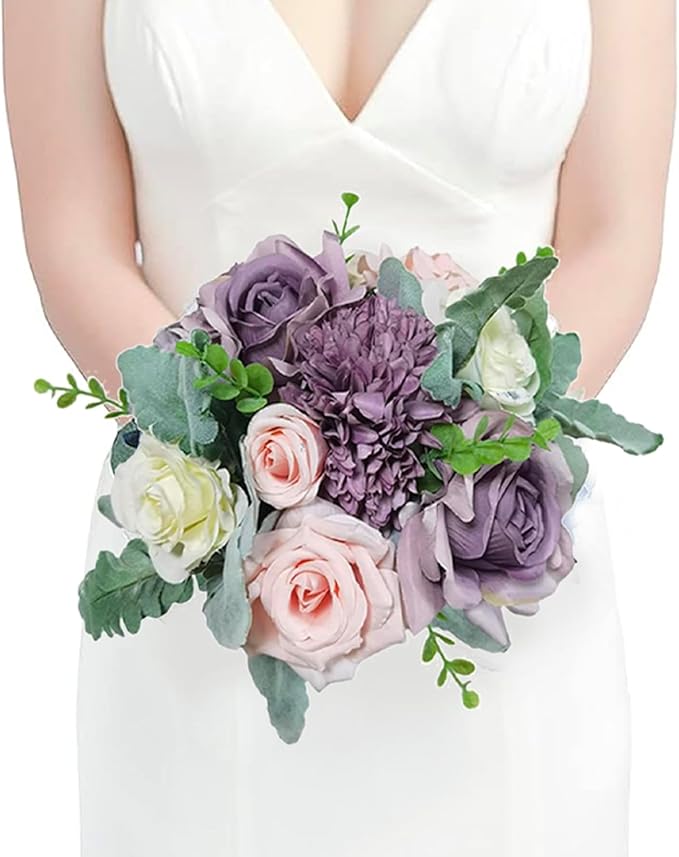 Rinlong 9" Wedding Bouquet for Bride Bridal Bridesmaid Artificial Flowers Pastel Purple Silk Tossing Wedding Prom Bouqeut