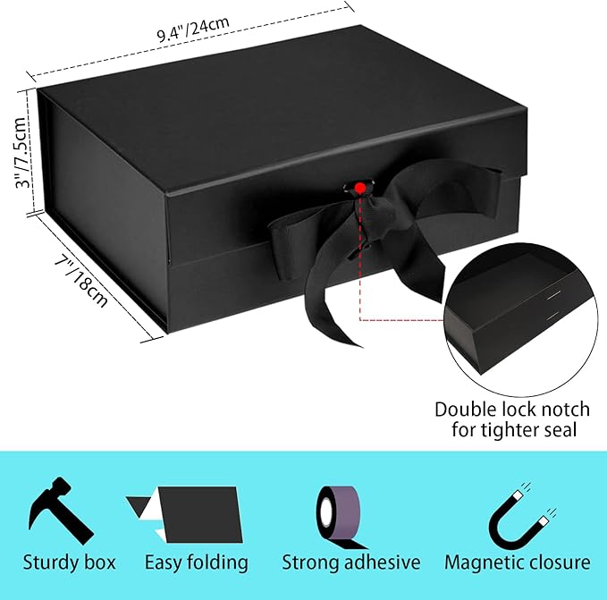 Black Luxury Magnetic Gift Box with Lid, Ribbons and Gift Bag, Medium Size-9.4x7x3 Inches, Great for Christmas, New Year, Wedding, Birthdays, Man