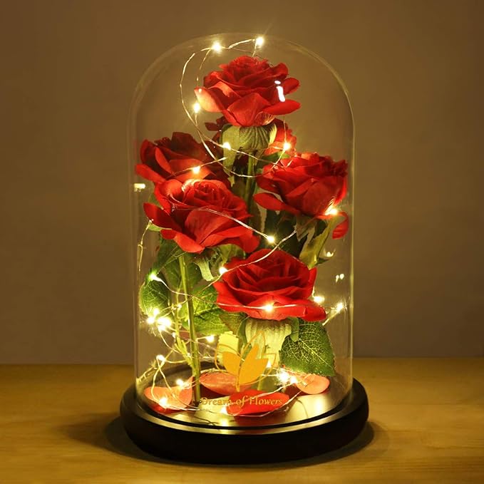 Christmas Rose Gifts for women,Beauty and The Beast Rose in Glass Dome with LED Light,Glass Rose Flower Gifts for Her,Christmas Birthday Gifts for Women Mom Wife Girlfriend Friend Forever Red Rose