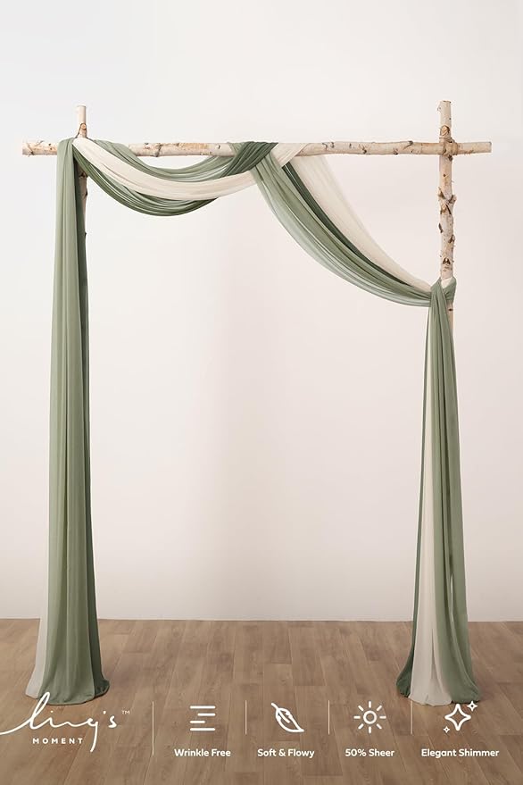 Ling's moment Wedding Arch Draping Fabric 3 Panels 20Ft Sage Green Chiffon Fabric,Sheer Hanging Drapes Arrangement for Wedding Ceremony Backdrop Outdoors Party Swag Home Decor (White & Sage)