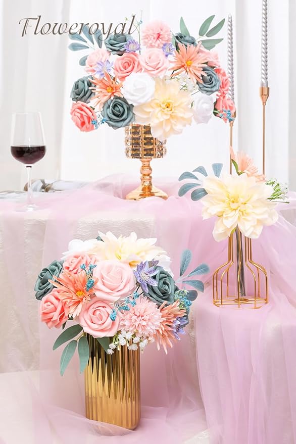 Floweroyal Artificial Flowers Combo Blue Flowers Mix Silk Flowers Dahlia Roses with Stems for DIY Wedding Bridal Bouquets, Baby Shower, Floral Arrangement, Table Centerpieces, Home Decorations.