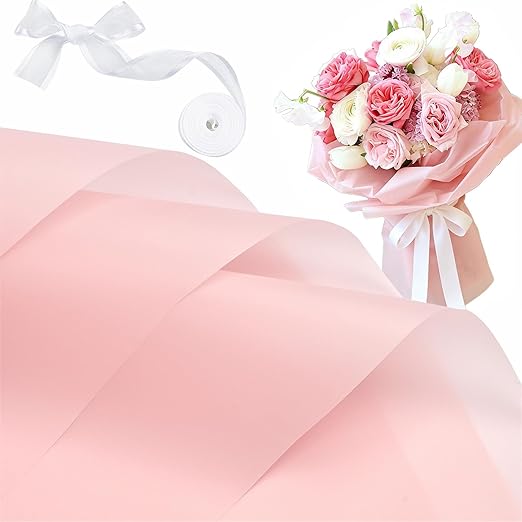 Jutieuo 20 Sheets Light Pink Flower Wrapping Paper, Waterproof Floral Wrap Solid Bouquet Wrapping Paper Florist Supplies (22.8 x 22.8 inch)