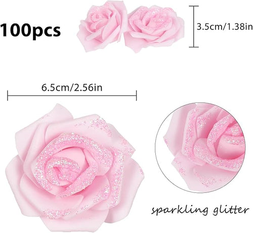 100pcs Light Pink Glitter Roses 2.56" Foam Glitter Flowers Fake Roses Pale Pink Flowers Artificial Roses for Bridal Shower Centerpieces DIY Wedding Flower Arrangements (Light Pink)