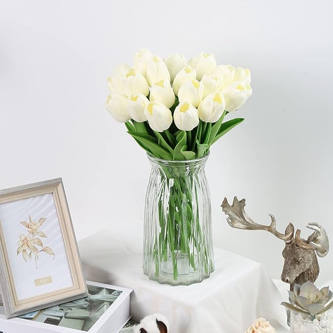 IPOPU Real Touch Tulips 24PCS Artificial Tulips Flowers for Decoration Cream Fake Tulips Floral Arrangements Artificial Faux Tulips Decor for Table Home Decor Baby Shower Centerpieces (Off White)