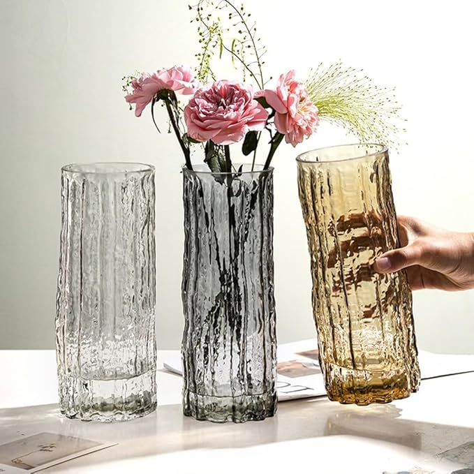 Clear Glass Vase Cylinder 7" Ribbed Thickened Flower Vase Crystal Vase for Modern Centerpieces Home Decor Living Room Bedroom Dining Table Office Wedding Decoration Gift (Grey)