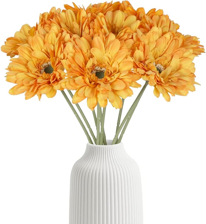 Orange Daisies Artificial Flowers Silk Flowers Gerber Daisy Artificial 10PCS 17.7in Fake Daisies for Wedding Bridal Bouquet Party Home Kitchen Decor(Orange)