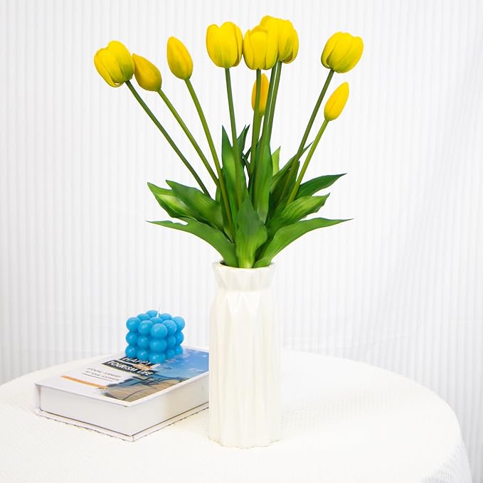 10 Pack Real Touch Tulips Artificial Flowers, 15.7 Inch Bendable Latex Tulips - No Maintenance Faux Flowers for Vase, Home Decor, Wedding Centerpiece (Yellow)