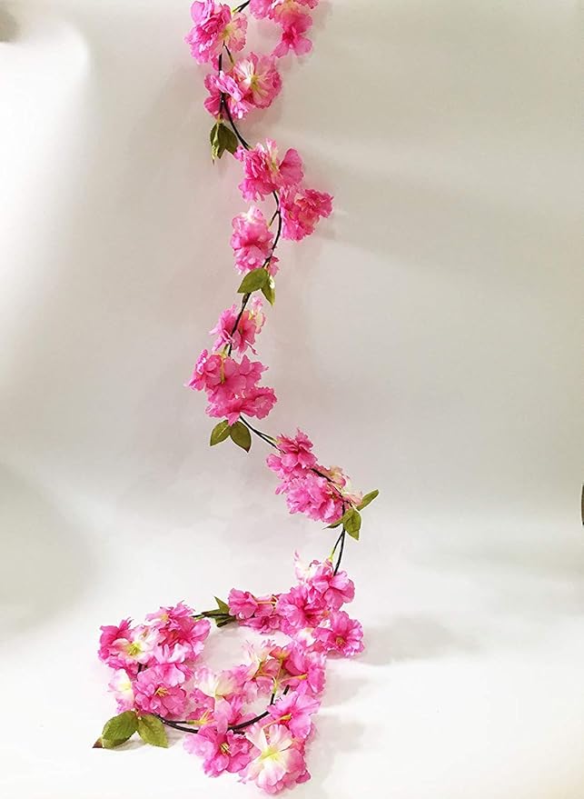Artificial Cherry Blossom Vine Hanging Plants Faux Sakura Garland Fake Oriental Cherry Wreath Artificial Flower 5.8 FT Deep Pink