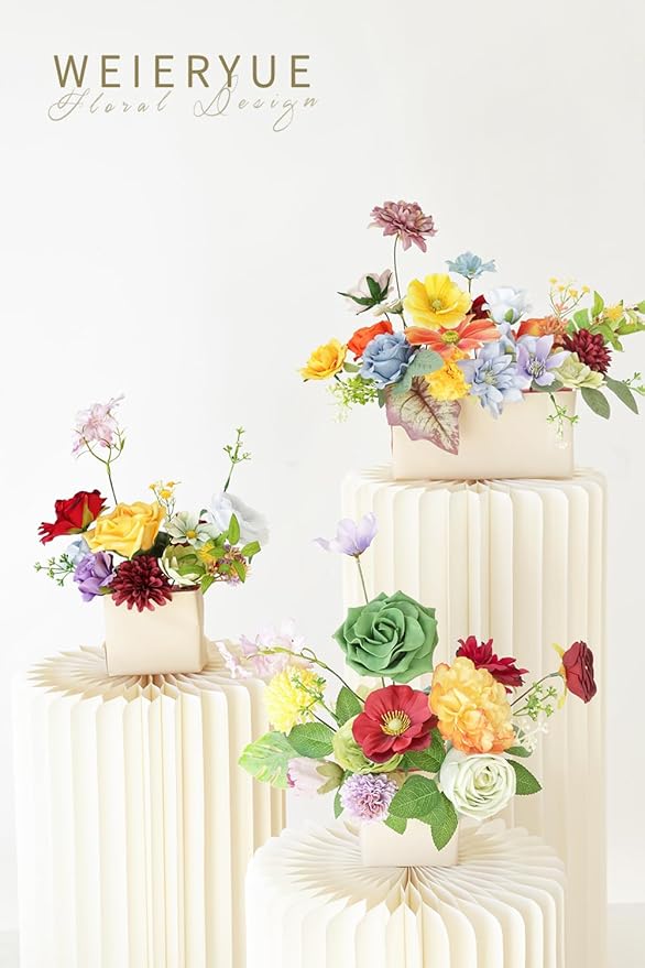 Artificial Flower Box Set Silk Fake Flowers DIY Center Cake Decoration Wedding Bouquet Corsage Home Decor Outdoor Decor Gift (Big Rainbow Flower)