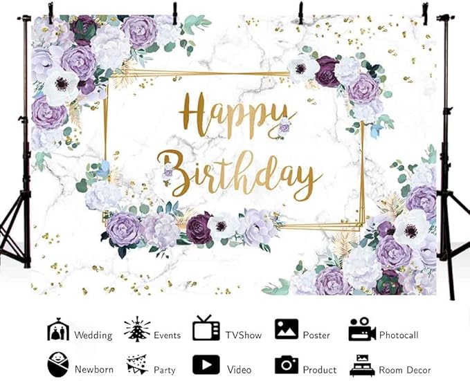 MEHOFOND 10x7ft Happy Birthday Backdrop Purple and White Flowers Bday Photography Background Girls Geometric Gold Glitter Dots Birthday Floral Party Decorations Cake Smash Decor Studio Photo Props