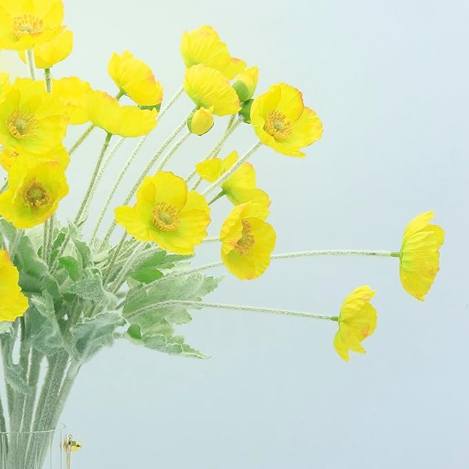 2 Pcs Artificial Fake Flowers Plants Poppies Silk Flower Arrangements Wedding Bouquets Decorations Plastic Floral Table Centerpieces for Home Kitchen Garden Party Decor Approx 23.6" High - Yellow
