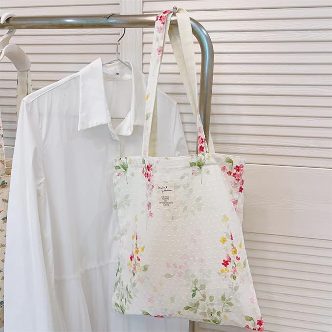 Cotton Canvas Tote Bag Reusable Soft Grocery Cloth Bag Floral Shoulder Bag for Beach Travel Shopping