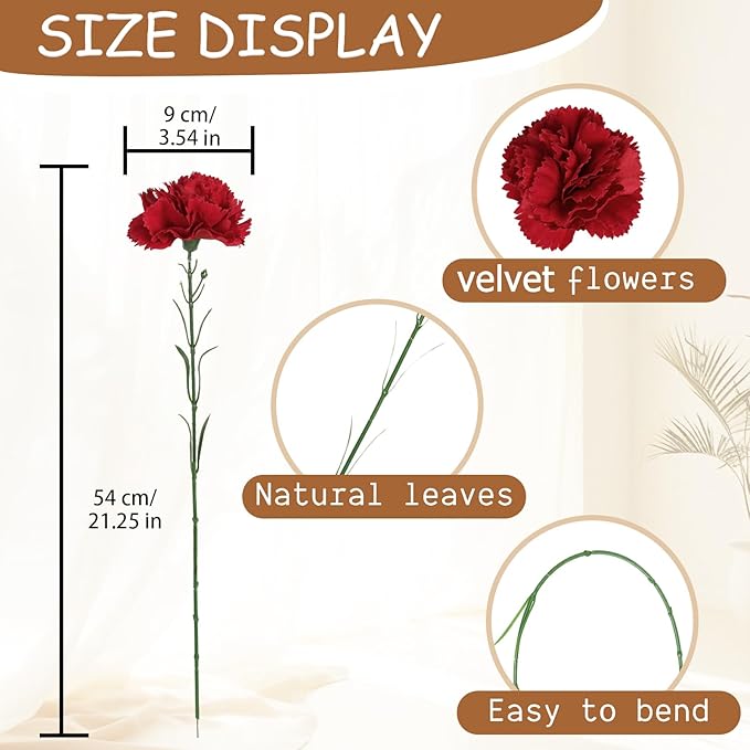 Carnations Artificial Flowers 15PCS 21.25in Velvet Fake Carnations Flowers for Wedding Home Table Centerpieces Floral Arrangements(Retro Red)