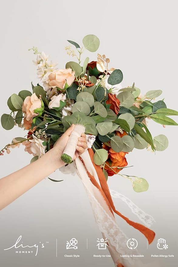 Ling's moment Terracotta Wedding Bouquets for Bride, Burnt Orange Bridal Bouquets for Bride, 15 Inch Free Form Artificial Wedding Flower Bouquet