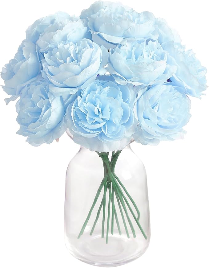 12 PCS Artificial Silk Blue Peony Flowers with Stems - 8 Inch Fake Peony Bouquet for Wedding, Home Decor, Office Table, Festival Gifts