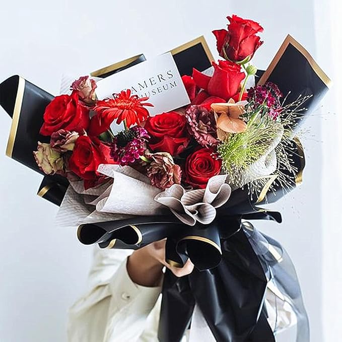 WRAPAHOLIC 20 Sheets Flower Wrapping Paper - 22.4 x 22.4 inch Black with Gold Edge Water-Resistant Floral Bouquet Wrapping Paper, Florist Supplies Packaging Paper for Wedding Birthday Gift DIY