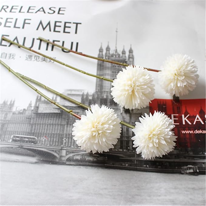 Tinsow 12 Pcs Artificial Flowers Faux Ball Chrysanthemum Bouquet Silk White Flowers Bridal Wedding Bouquet for Home Garden Party Wedding Decoration (White, 12)