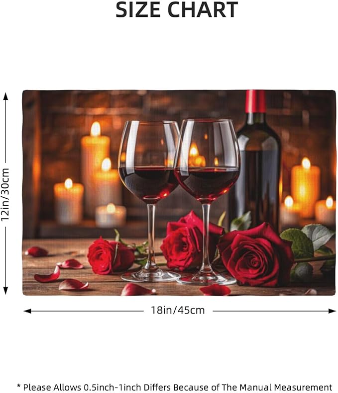 Red Rose Wine Linen Table Placemats Set of 4 Romantic Rose Floral Modern Art Placemat Indoor Outdoor Party Home Desktop Kitchen Dining Room Decoration 12x18 Inch