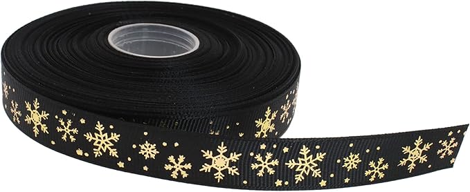 Gold Printing Snowflake Grosgrain Ribbon 25 Yard Each Roll 100% Polyester Woven Edge (5/8", Black)