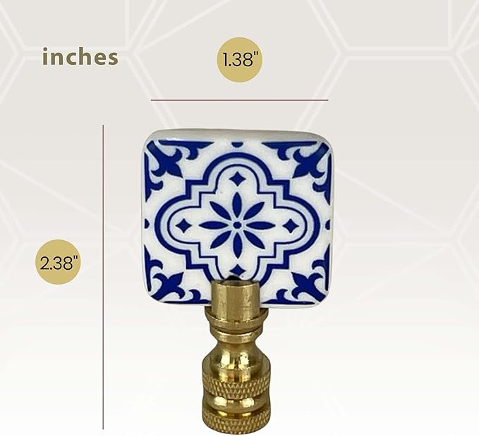 Royal Designs, Inc. Blue & White Porcelain Square Design Finial for Lamp Shade, Polished Brass