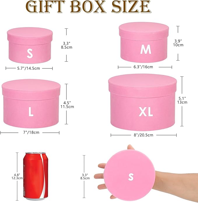 Round Gift Boxes with Lids for Presents Set of 4 Pink Velvet Nesting Gifts Box for Arrangements Flowers Wedding Birthday Valentines Bridesmaid Christmas Party Anniversary