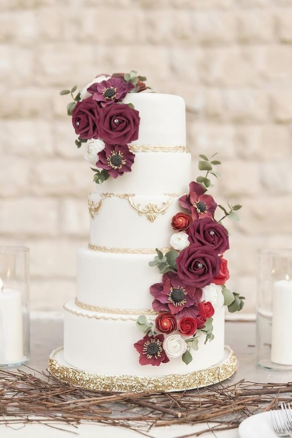 Burgundy Roses with Crystal 50PCS Artificial Rose Flowers with Stems 2.95" Burgundy Flowers Artificial Foam Roses for Bridal Shower Wedding Bouquets Centerpiece Home Table Decor