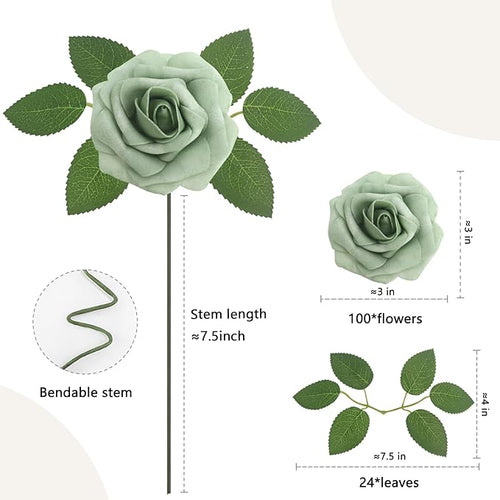 100PCS Elf Green Artificial Flowers Roses Real Looking Foam Fake Roses with Leaves for DIY Wedding Bouquets Bridal Shower Party Decorations (Elf Green, 100)