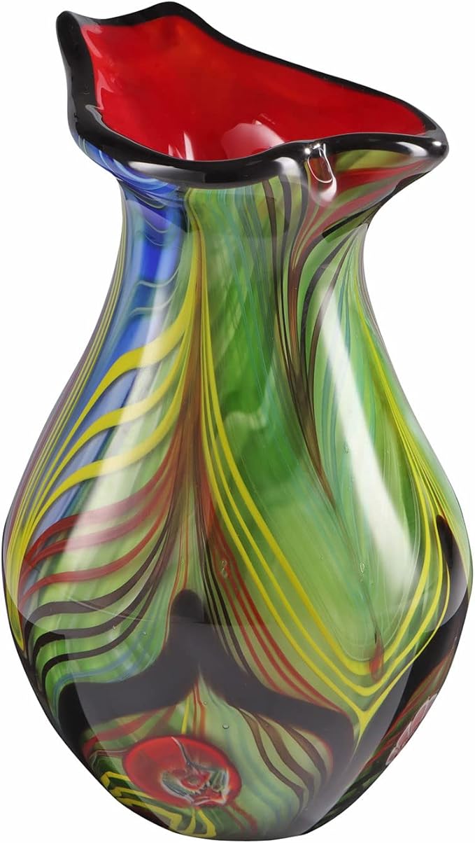 Luxury Lane Hand Blown Abstract Teardrop Art Glass Vase for Decor Centerpiece Table Decoration 9.5 inch Tall Multicolor
