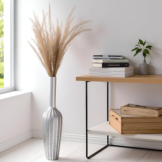 Elegant Silver Floor Vase - 23.62 Inch Tall Decorative Vase for Dried Flowers & Home Décor, Resin Tall Floor Vase, Silver Vases