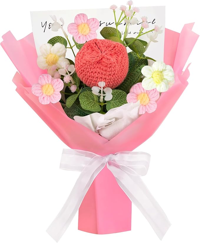 Crochet Flowers Bouquet Crochet Tulip Flower Pink Crochet Knitted Flowers for Teacher's Day Mother's Day Valentine's Day Birthday Home Decor(Medium-Pink Tulip)