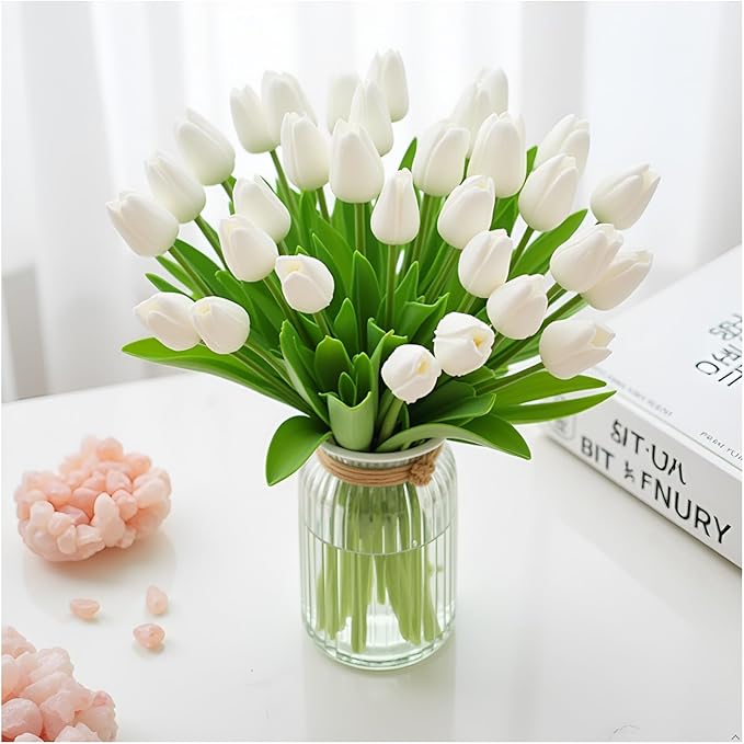 18pcs Artificial Tulips 13" PU Artificial Flowers for Family Friends Gifts DIY Flower Arrangement Home Kitchen Office Party Wedding Dining Table Decoration, White