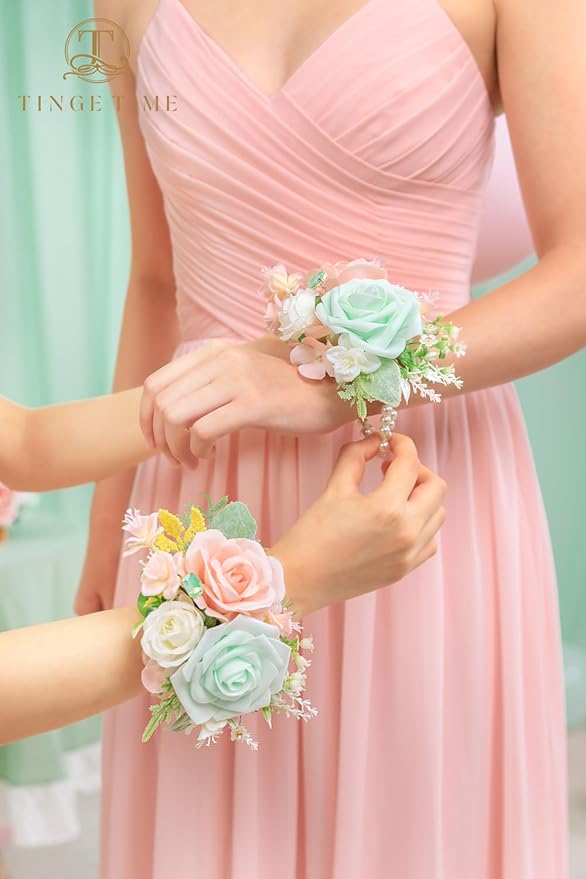 TINGE TIME Set of 2 Wrist Corsage Bracelets Pearl Wristlet Band Bridesmaid Bracelet for Wedding Ceremony Bridal Shower Wedding Artificial Flower Prom (MintGreen&Pink)