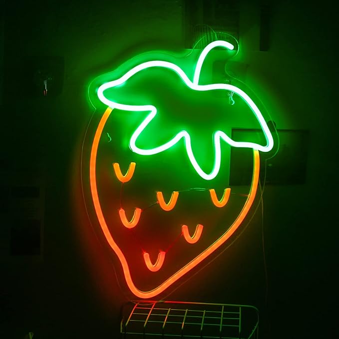 Strawberry Neon Sign Red Green Strawberry Led Sign Fruit Shape Neon Light for Bedroom Wall Decor, Bar, Fruit Shop, Restaurant (15 * 13 inch)