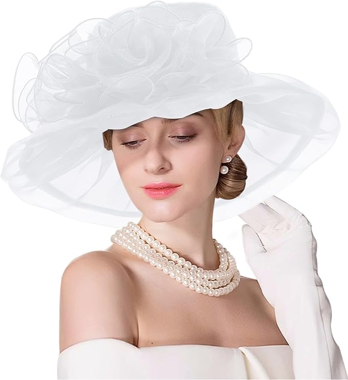 Organza Derby Hats for Women Wide Brim Fascinator Hat Rose Flower Wedding Tea Party Hat