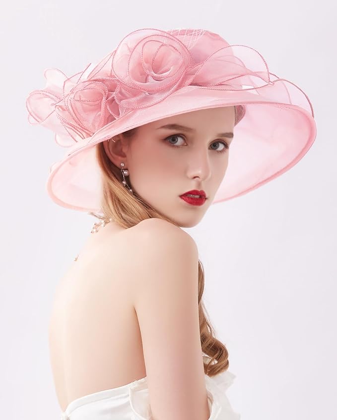 Organza Derby Hats for Women Wide Brim Fascinator Hat Rose Flower Wedding Tea Party Hat