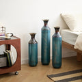Floor Oversized Gold Metal Decorative Vase with 3D Triangle Pattern Set of 3 Large Vases for Home Living Room 33.5 ", 29.5 ", 25.2" High (Aqua Blue)