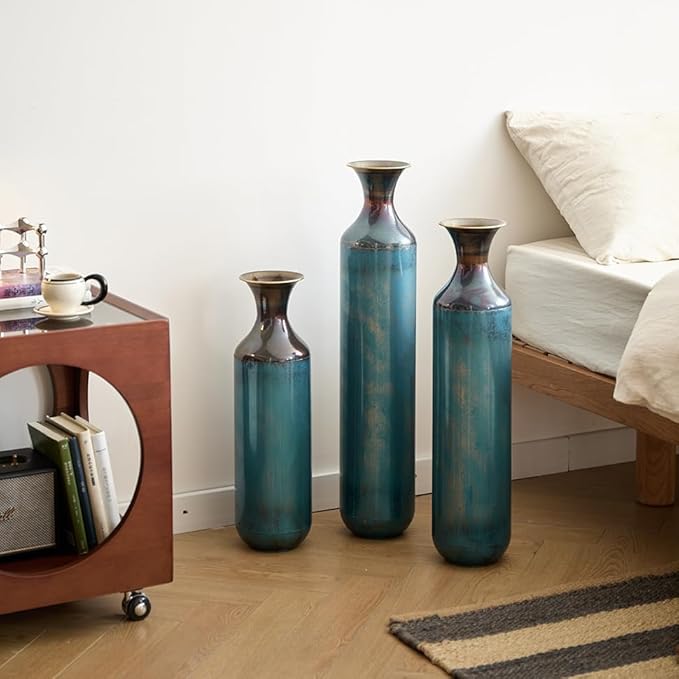 Floor Oversized Gold Metal Decorative Vase with 3D Triangle Pattern Set of 3 Large Vases for Home Living Room 33.5 ", 29.5 ", 25.2" High (Aqua Blue)