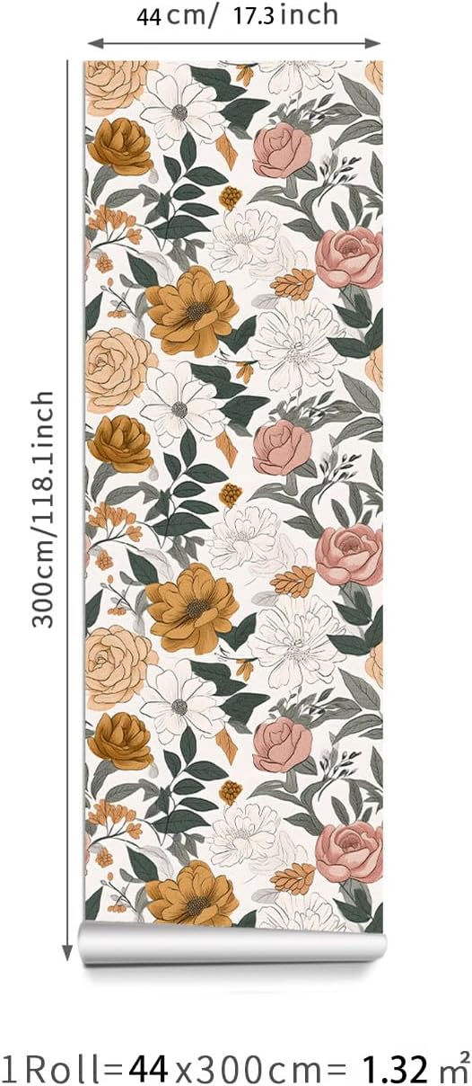 Vintage Peel and Stick Wallpaper,Boho Wall Paper Stick on Bcacksplash,17.3"x118" Contact Wallpapers,Wildflowers Botanical Papers,Removable&Renter Friendly Bright Floral Paper(1 Roll)