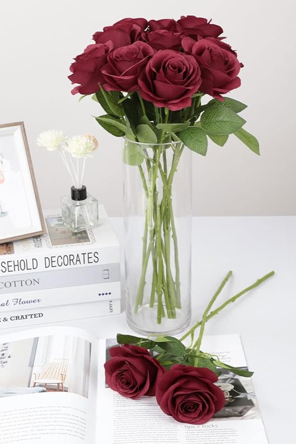 12pcs Roses Artificial Flowers Fake Flowers with Long Stems Burgundy Silk Flowers for Wedding Bouquet Centerpices Decorations Party Bridal Baby Shower Home Decor