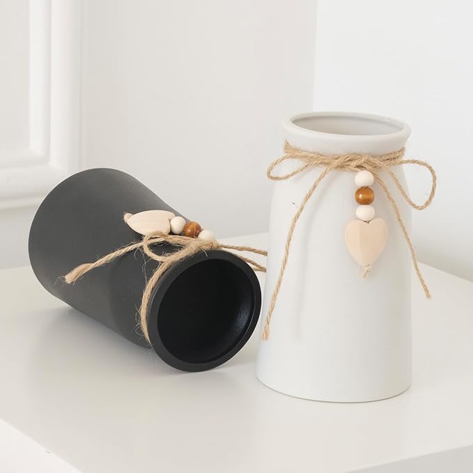 Premium Ceramic Vase with Jute Rope & Heart Charm | 6-Inch Decorative Flower Vase for Modern & Farmhouse Décor, Black Color