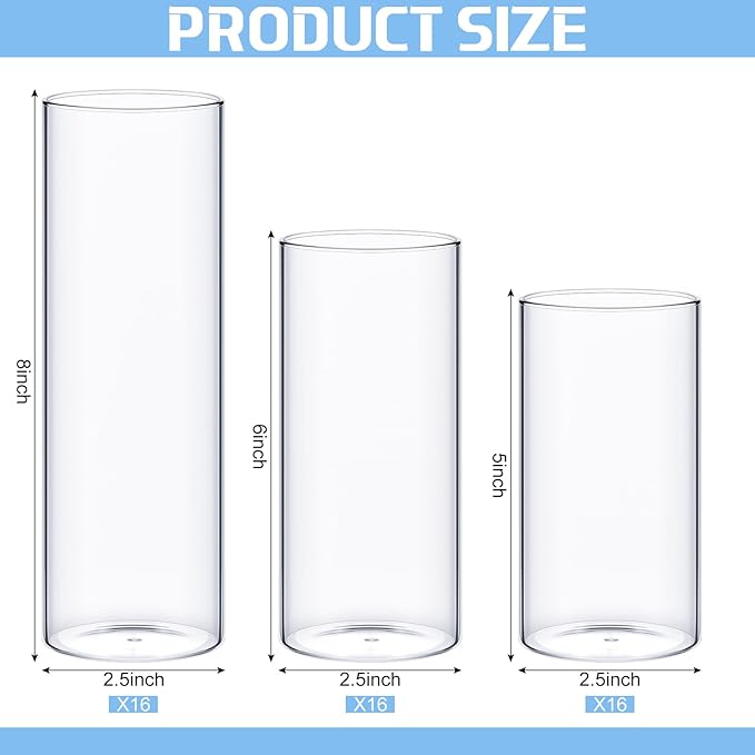 48 Pcs Cylinder Vases Set for Centerpieces, 6/8/10 Inch Tall Clear Glass Vase, Hurricane Floating Candle Holder for Wedding Table Decor, 2.5''/2.7''/3.3''' Diameter (2.5'' X 5'',6'',8'')
