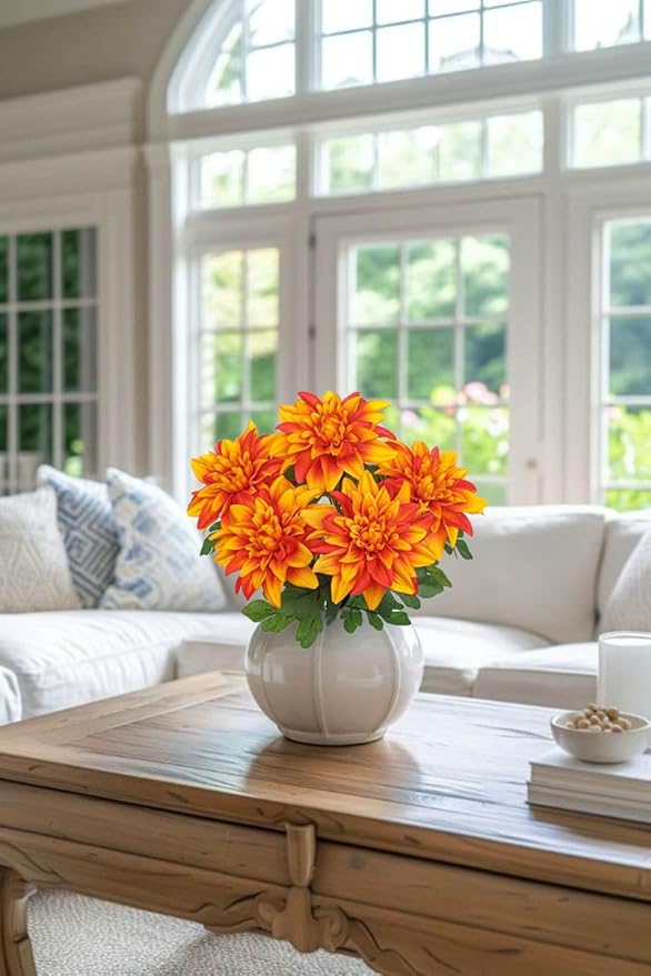 Hollyone 2Pcs Orange Artificial Dahlia Flowers Bush 7 Heads Silk Fake Dahlias Flowers with Stems Wedding Bouquets Faux Dahlia Flowers Arrangements for Outdoor Indoor DIY Table Centerpieces Home Decor