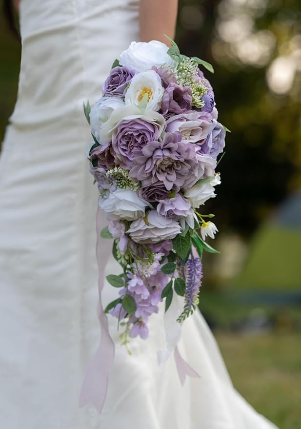 Bridal Bouquets for Wedding, Cascading Bouquets for Bride Lilac Purple Rose Artificial Bridal Bouquet for Wedding Anniversary Ceremony Bridal Shower Party Church Decoration