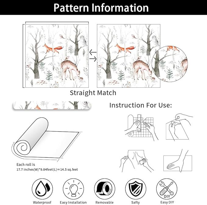Forest Animals Peel & Stick Wallpaper - Self Adhesive Plants & Vintage Pattern - Removable Wallpaper for Bathroom - 17.71in X 118.1in