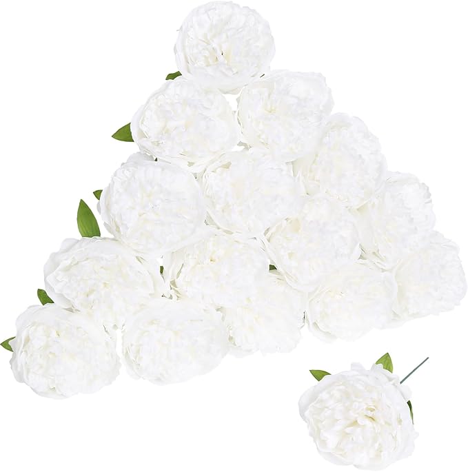 Peony Artificial Flowers 16pcs Fake Peonies Bulk White Silk Flowers Faux Peony Flowers Silk Peonies Heads with Stem Realistic Flowers for Home Wedding Party Festival Decor (Pure White)