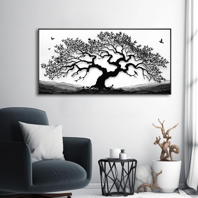 MooMel Wall Art Tree of Life White and Black Abstract Wall Art Canvas Painting for Living Room Bedroom Dining Room Home Office Decor Large Framed Ready to Hang 20"x40"