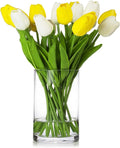 ENOVA FLORAL 20 Heads Real Touch Artificial Tulips Flowers in Vase, Mixed White and Yellow Tulips Fake Flowers with Vase and Faux Water for Home Wedding Decor, Dining Table (White Yellow)