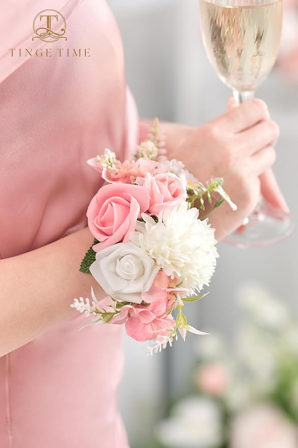 TINGE TIME Set of 2 Peach Pink Wrist Corsage Bracelets Pearl Wristlet Band Bridesmaid Bracelet for Wedding Ceremony Bridal Shower Wedding Artificial Flower Prom (Peach Pink)