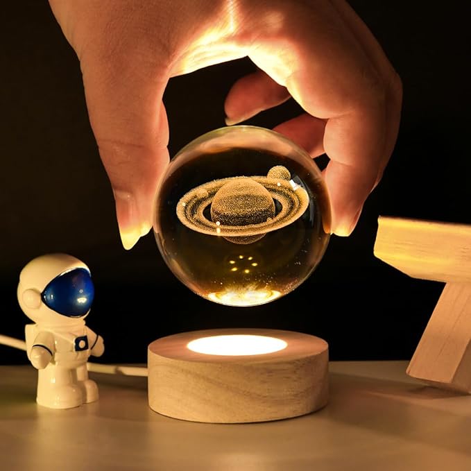 3D Saturn Crystal Ball with LED Stand, 60mm Glass Sphere Decorative Balls Lamp, Space Planet Model Galaxy Night Light Gifts for Women Kids