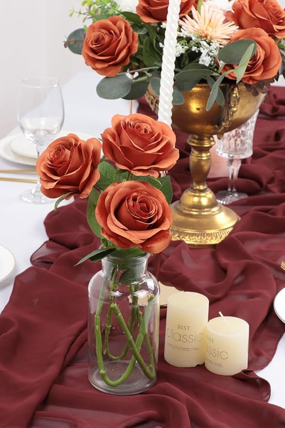 50pcs Roses Artificial Flowers Burnt Orange Fake Roses Flowers with Long Stems Silk Flowers for Wedding Bouquet Centerpices Decorations Party Bridal Baby Shower Home Decor